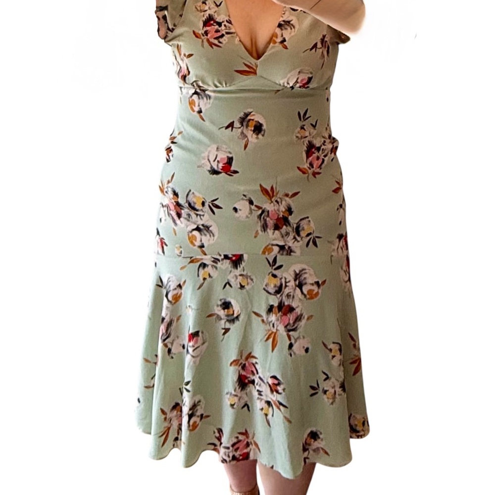 Lauren Ralph Lauren Floral Crepe Puff Sleeve Dress 14 Sage V Neck Fit & Flare